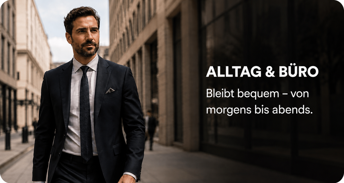 Mann im Anzug geht durch die Straßen und trägt dabei Cozemy Boxershorts gegen Kleben im Schritt