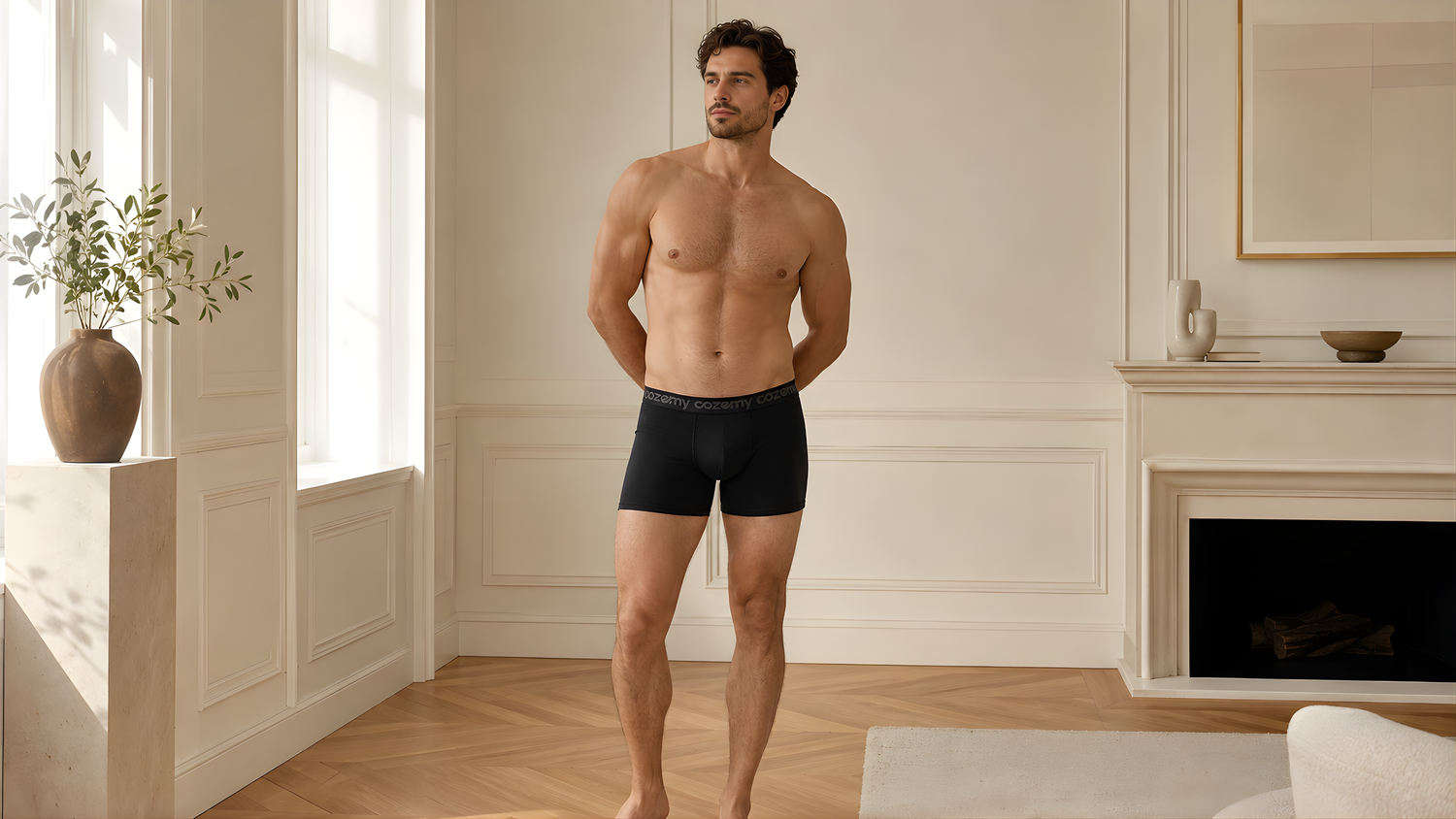 Ein athletischer Mann mit Cozemy Boxershorts für Herren mit komfortabler Passform, steht in einem hellen/beigen Raum vor einem Kamin und präsentiert die Boxershorts ansprechend und geschmackvoll