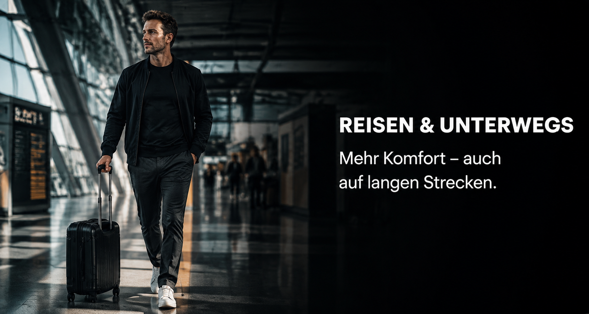 Mann am Flughafen  mit Koffer trägt Cozemy Boxerbriefs gegen Kleben 