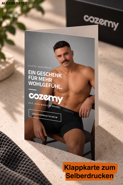Geschenkgutschein für Herrenunterwäsche von Cozemy, Klappkarte mit Slogan „Ein Geschenk für mehr Wohlgefühl“